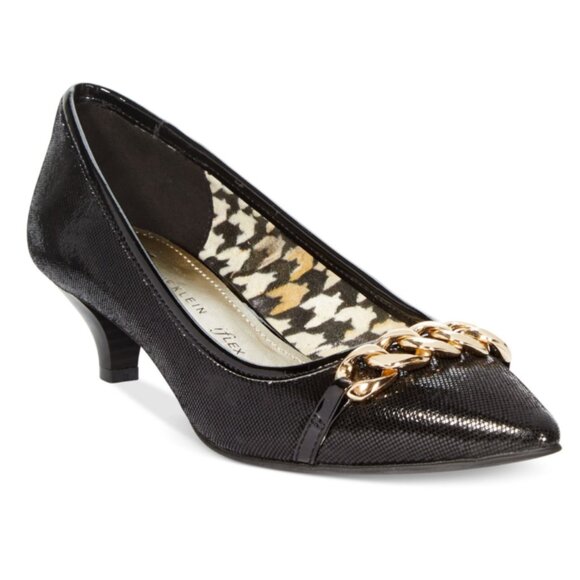 Anne Klein Shoes - Anne Klein Mikaela Black Gold Link Leather Point Modest Kitten Heel Pump SZ 9.5